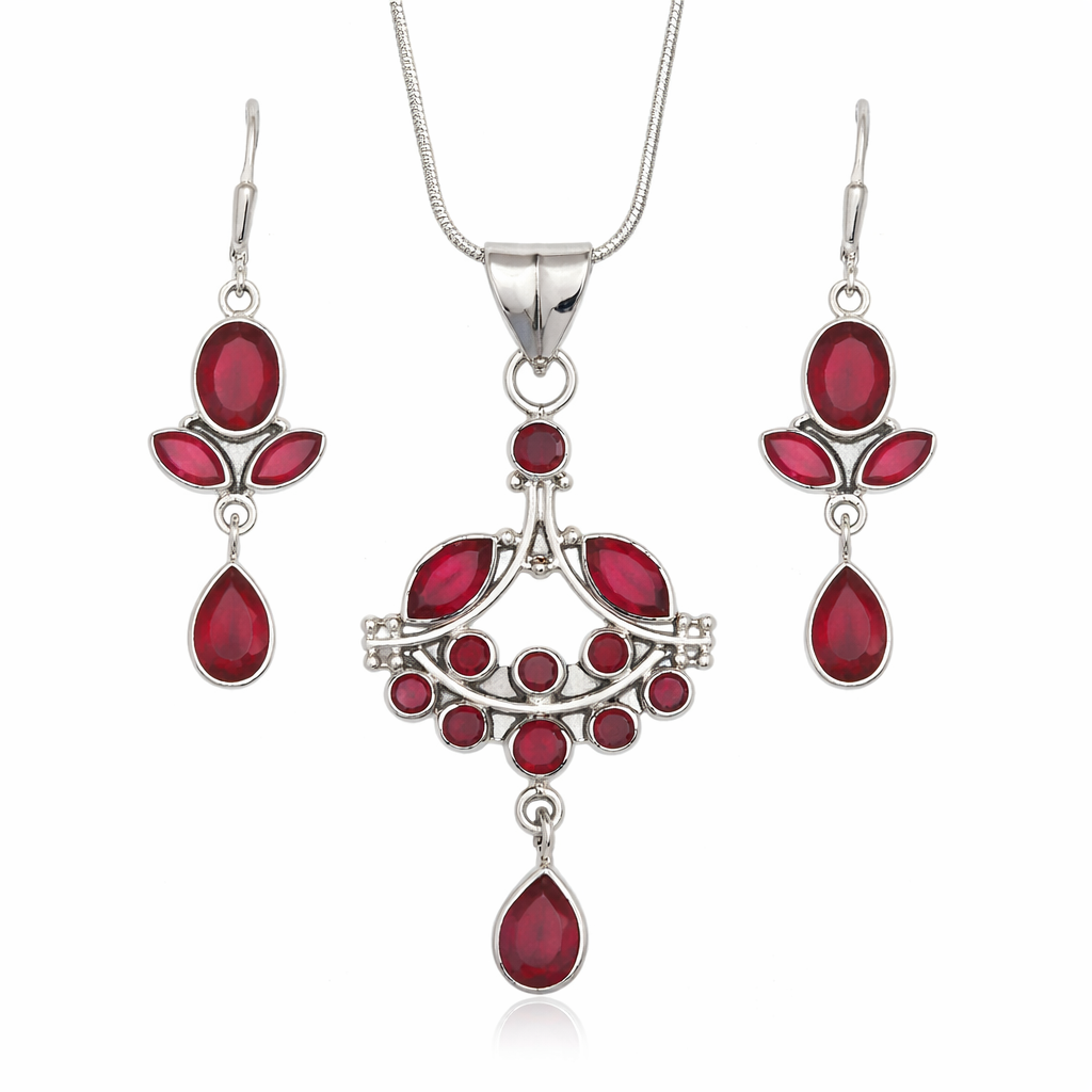 Handmade Sterling Silver Synthetic Ruby Gemstone Jewellery Set