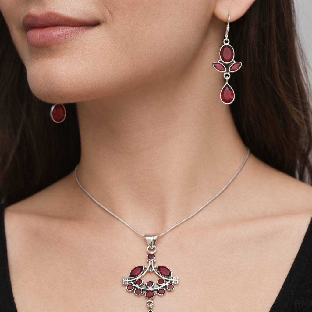 Handmade Sterling Silver Synthetic Ruby Gemstone Jewellery Set