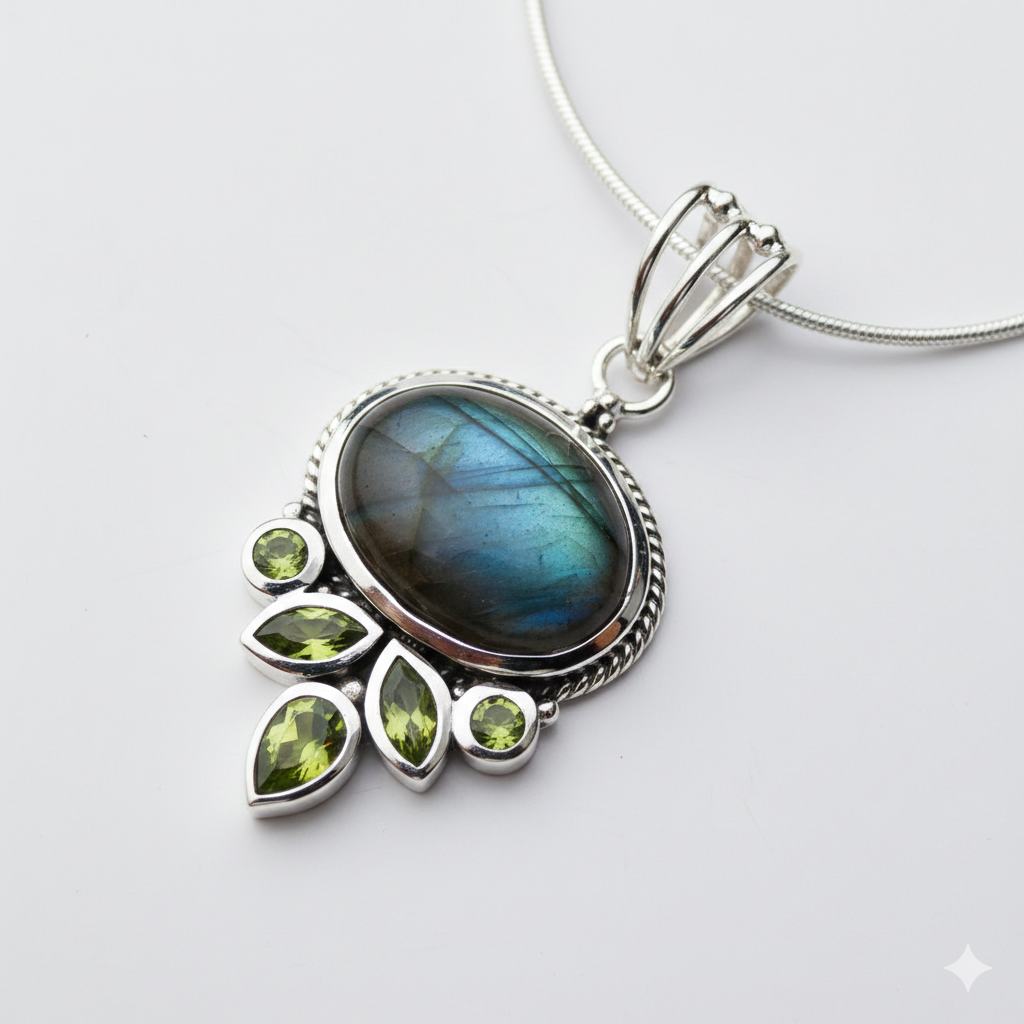 Mystic Aurora: Handcrafted Natural Labradorite & Peridot Sterling Silver Pendant