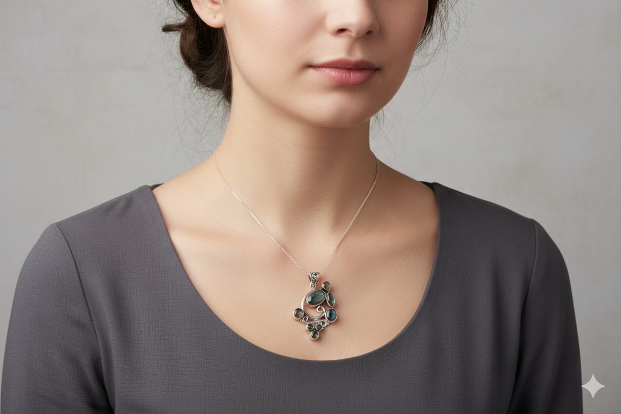 Vintage-Style Sterling Silver Multi-Shape Labradorite Cluster Pendant