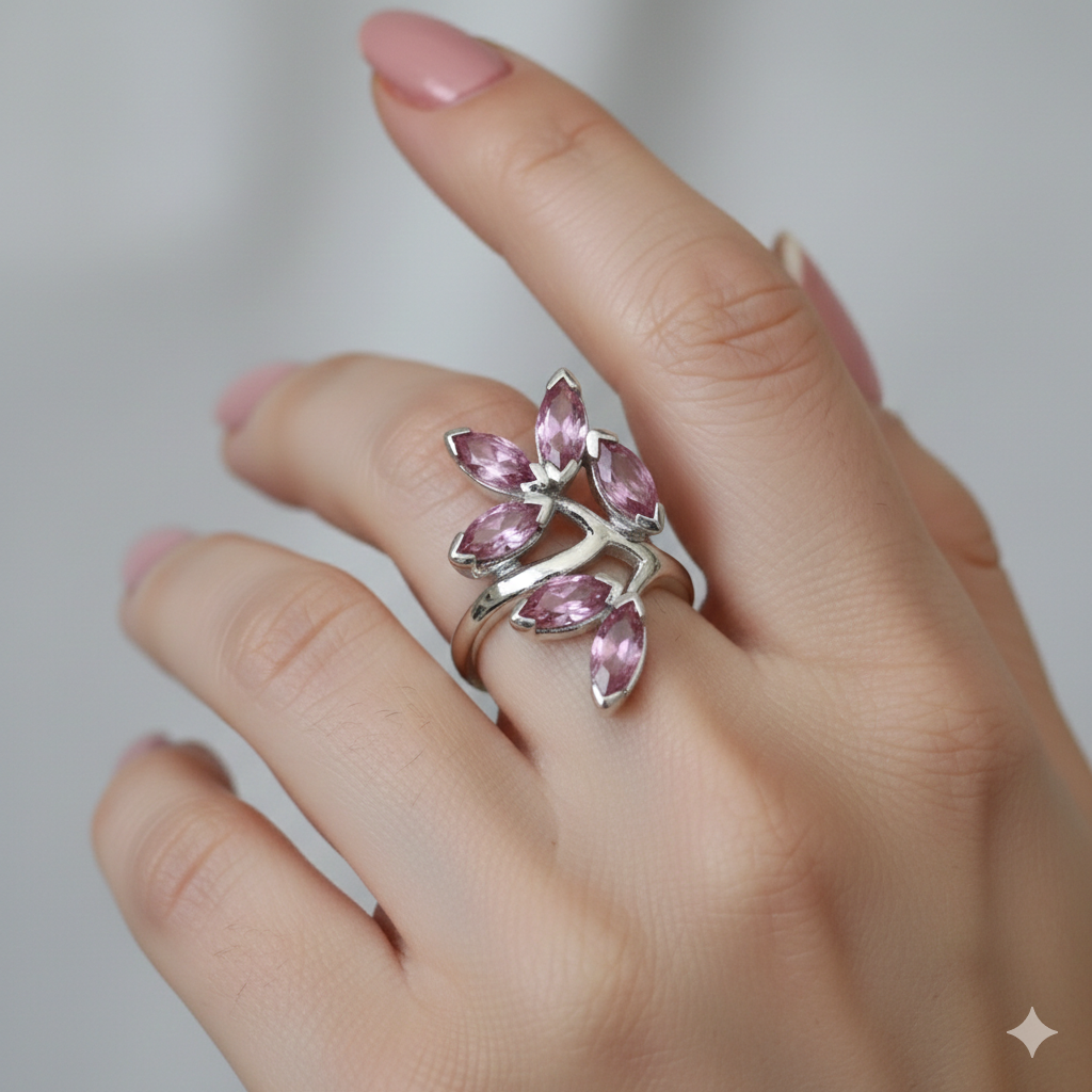 Handmade natural Pink Topaz Sterling Silver Leaf Branch Ring