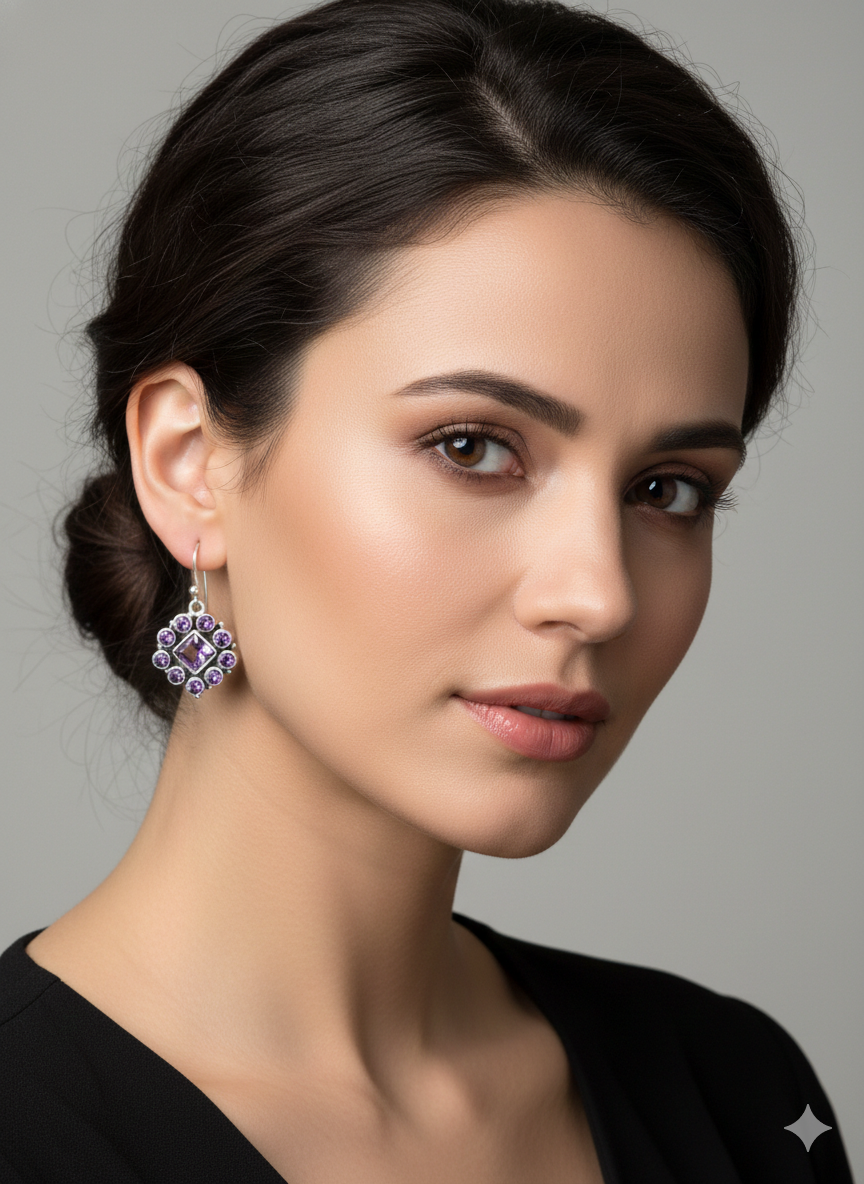 Artisan Crafted .925 Silver Amethyst Flower Cluster Earrings