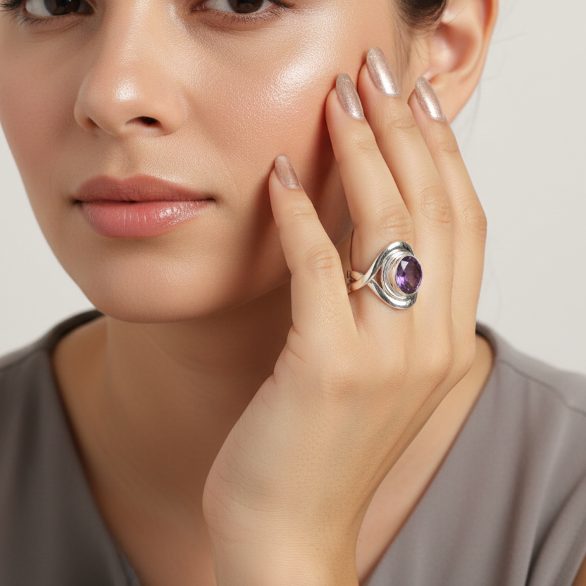 Handmade Sterling Silver Amethyst Wave Ring – Modern Oval Gemstone Band