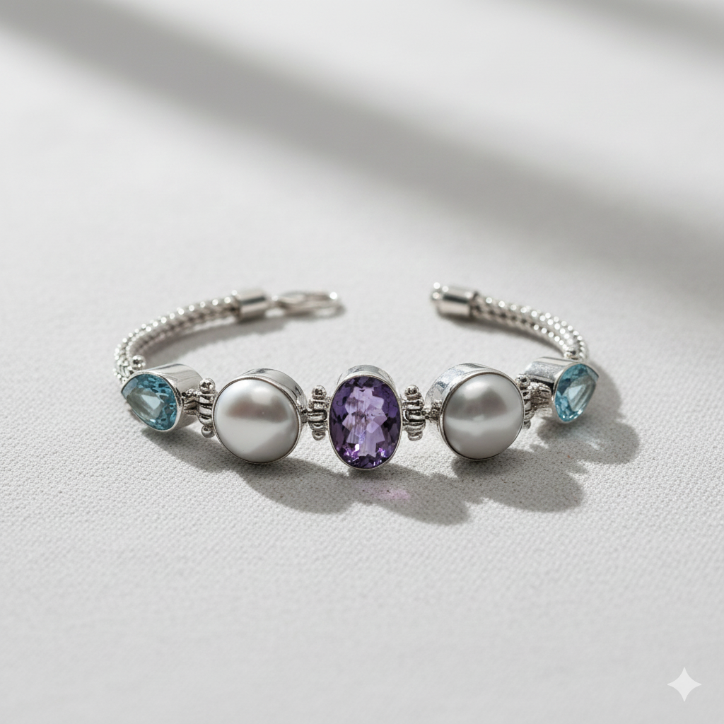 Handmade 925 sterling silver Tri coloul natural gemstone bracelet BL00090