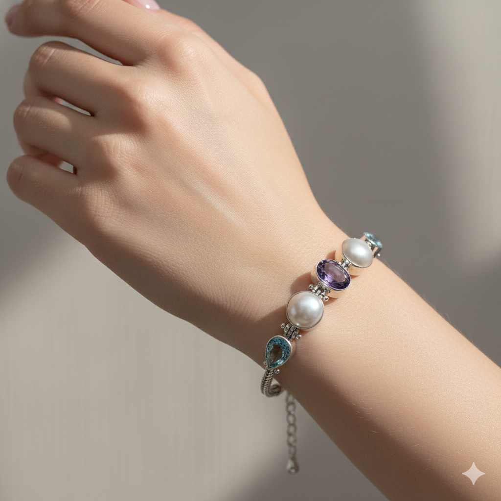 Handmade 925 sterling silver Tri coloul natural gemstone bracelet BL00090