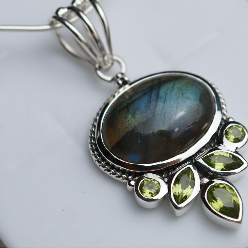 Mystic Aurora: Handcrafted Natural Labradorite & Peridot Sterling Silver Pendant