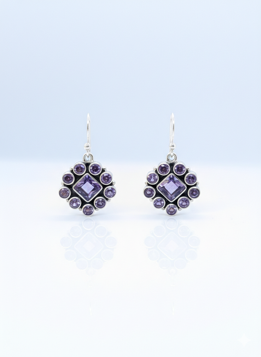 Artisan Crafted .925 Silver Amethyst Flower Cluster Earrings