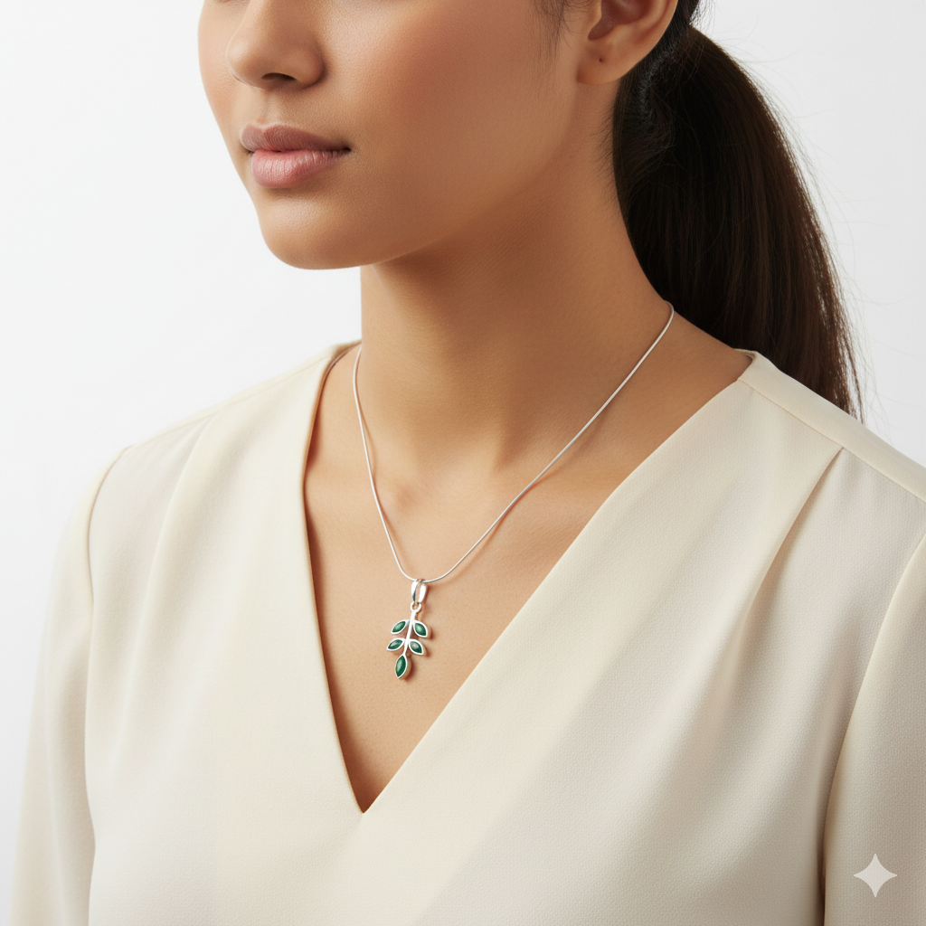 Nature-Inspired & Elegant Handmade Sterling Silver Green Onyx Leaf Pendant