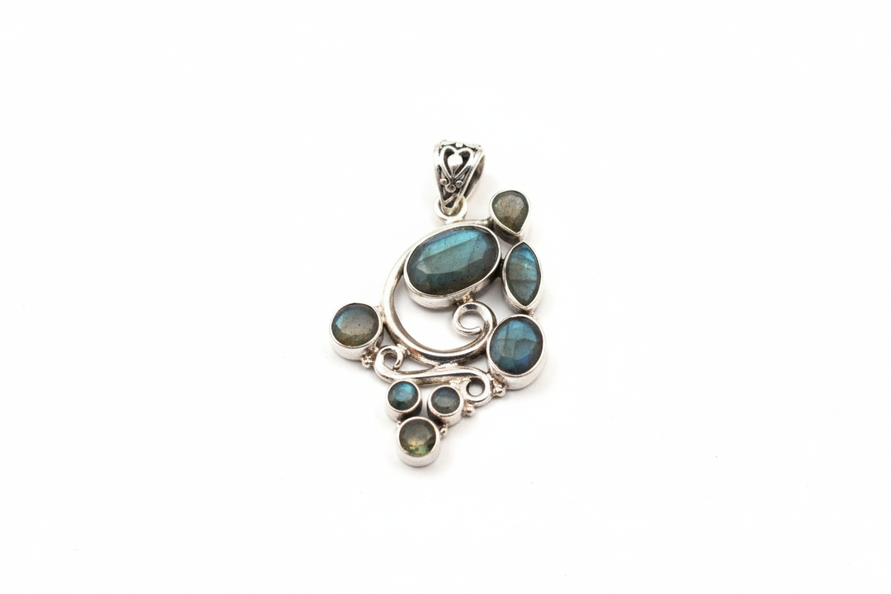 Vintage-Style Sterling Silver Multi-Shape Labradorite Cluster Pendant